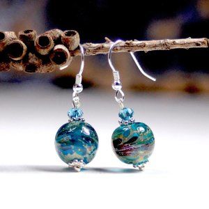 Ocean splendor artisan lampwork earrings teal lagoon blue aqua green gold glass